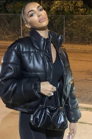 Faux Leather Puffer Jacket - Black