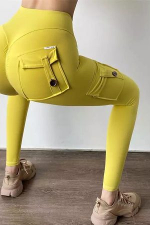 CARGO POCKET BOOTY SCRUNCH BUM TIGHTS - MUSTARD