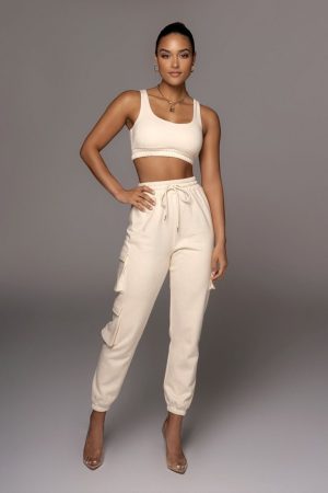 2 PIECE SET CARGO TRACKSUIT PANTS AND TOP - CREAM
