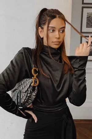 DRAPED LONG SLEEVE BODYSUIT - BLACK