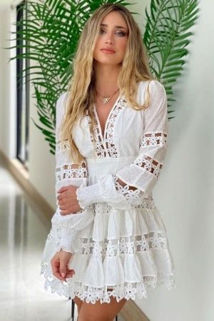 LONG SLEEVE BOHO FLOWER CROCHET DRESS - WHITE