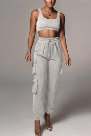 2 PIECE SET CARGO TRACKSUIT PANTS AND TOP - GREY
