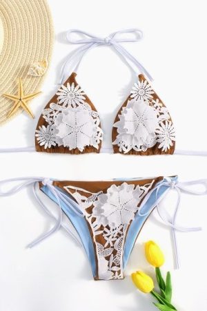 FLOWER LACE BIKINI - WHITE & BROWN