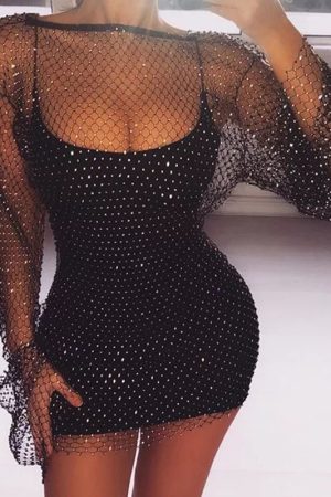 LONG SLEEVE MESH RHINESTONE DRESS - BLACK