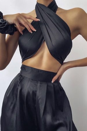 SILK WRAP TOP & TROUSER SET - BLACK
