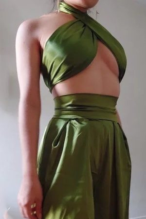SILK WRAP TOP & TROUSER SET - GREEN