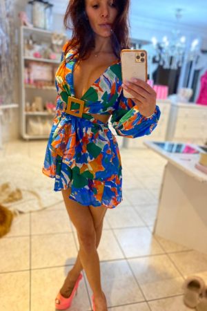 FLORAL LOW CUT DRESS - BLUE