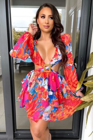 Floral Low Cut Dress - Pink