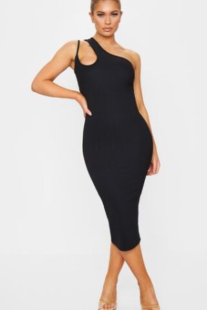 ONE SHOULDER ASYMMETRIC MIDI DRESS - BLACK