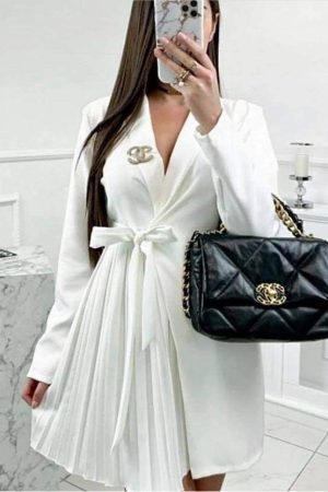 Pleated Blazer Dress - White