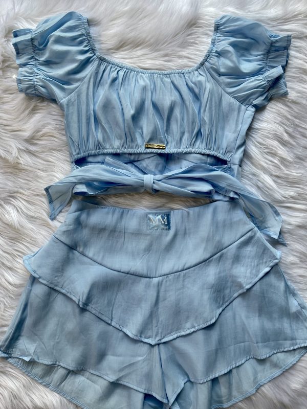 Layered Ruffled Shorts & Off Shoulder Crop Top - Blue - Image 9