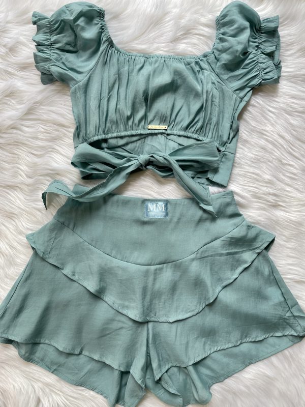 Layered Ruffled Shorts & Off Shoulders Crop Top - Sea Green - Image 2