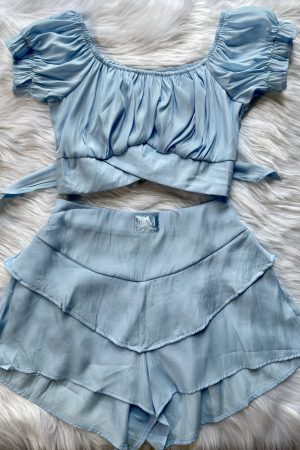 Layered Ruffled Shorts & Off Shoulder Crop Top - Blue