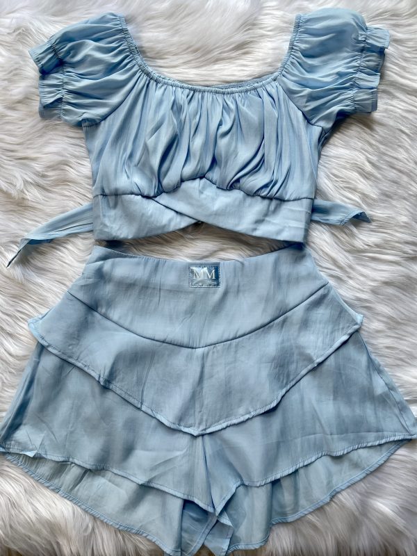 Layered Ruffled Shorts & Off Shoulder Crop Top - Blue