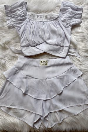 Layered Ruffled Shorts & Off Shoulder Crop Top - White