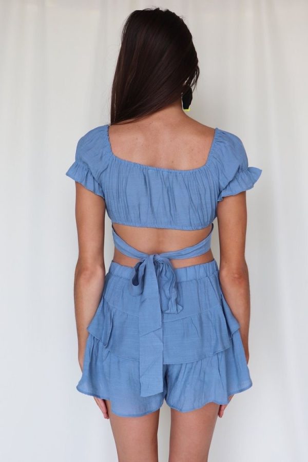 Layered Ruffled Shorts & Off Shoulder Crop Top - Blue - Image 5