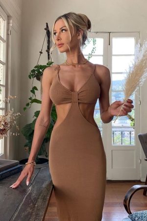 Cut Out Maxi Dress - Light Brown