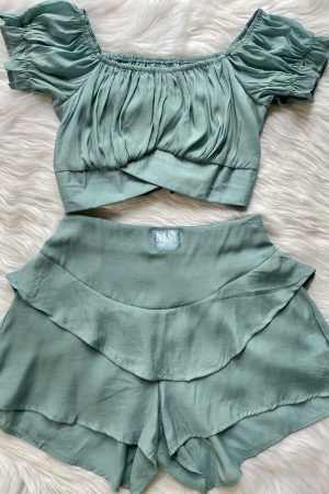 Layered Ruffled Shorts & Off Shoulders Crop Top - Sea Green