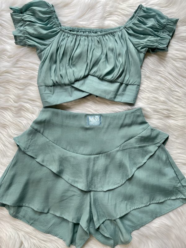 Layered Ruffled Shorts & Off Shoulders Crop Top - Sea Green