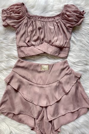 Layered Ruffled Shorts & Off Shoulder Crop Top - Soft Pink