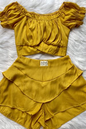 Layered Ruffled Shorts & Off Shoulder Crop Top - Honey