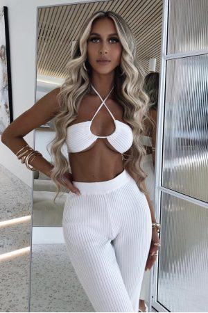 2 Piece Knitted Halter Top & Trousers - White