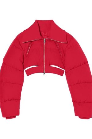 Cut Out Waist Detail Cropped Puffer Jacket - Bright Red