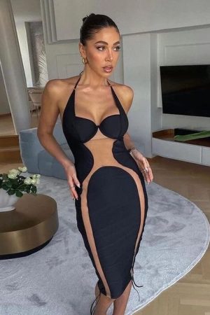 Mesh Panel Halter Midi Dress - Black & Nude