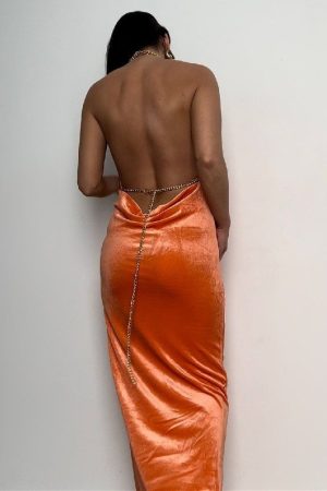 Velvet Chain Maxi Gown - Orange