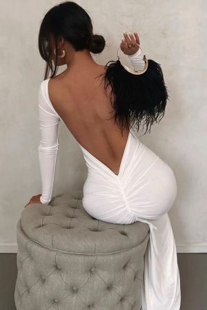 Long Sleeve Backless Maxi Dress -  White