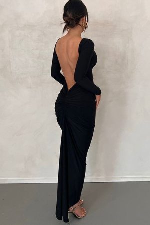 Long Sleeve Backless Maxi Dress -  Black
