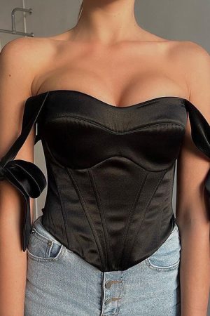 Satin Corset With Bows - Black