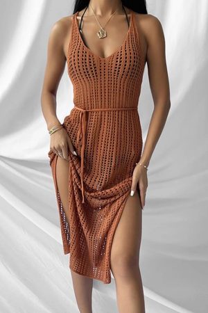 Crochet Knit Dress Cover Up - Dark Brown