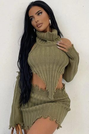 3 Piece Knit Polo top & Skirt Set With Sleeves - Army Green