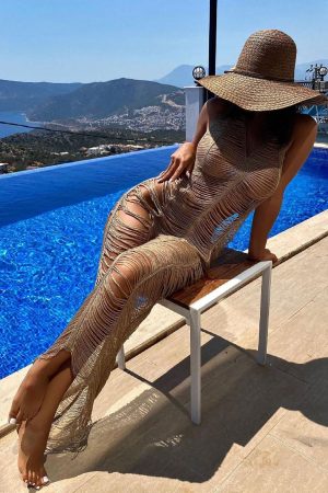 Fringe Crochet Halter Dress Cover Up - Cream