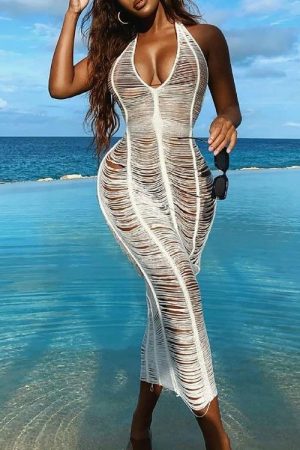 Fringe Crochet Halter Dress Cover Up - White
