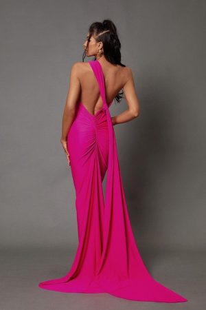 Halter Drape Backless Hoop Gown - Pink