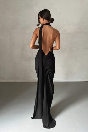 Halter Drape Backless Hoop Gown - Black