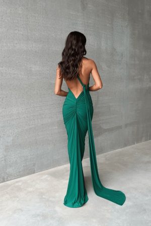 Halter Drape Backless Hoop Gown - Green