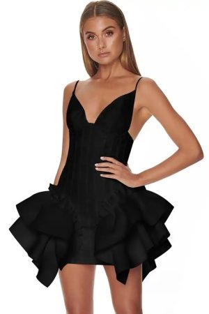 Bodycon Mini Frill Dress  - Black