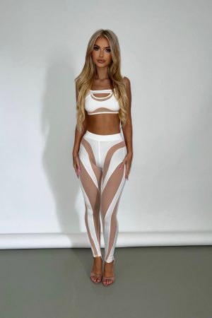 2 Piece Bralet & Trouser Mesh Panel Set - White & Nude