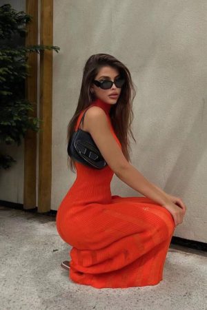 Knitted Maxi Tread Dress - Orange