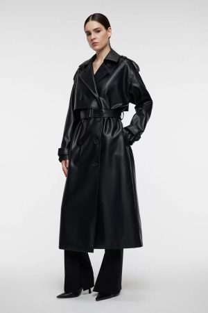 PU Leather Trench Coat - Black