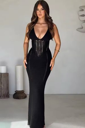 CROCHET KNITTED LACE UP DRESS -  BLACK